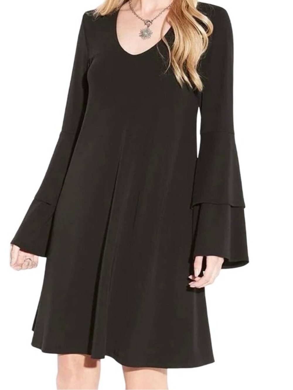 Karen Kane Black Tiered Bell Sleeve V-Neck Stretch Jersey Dress M